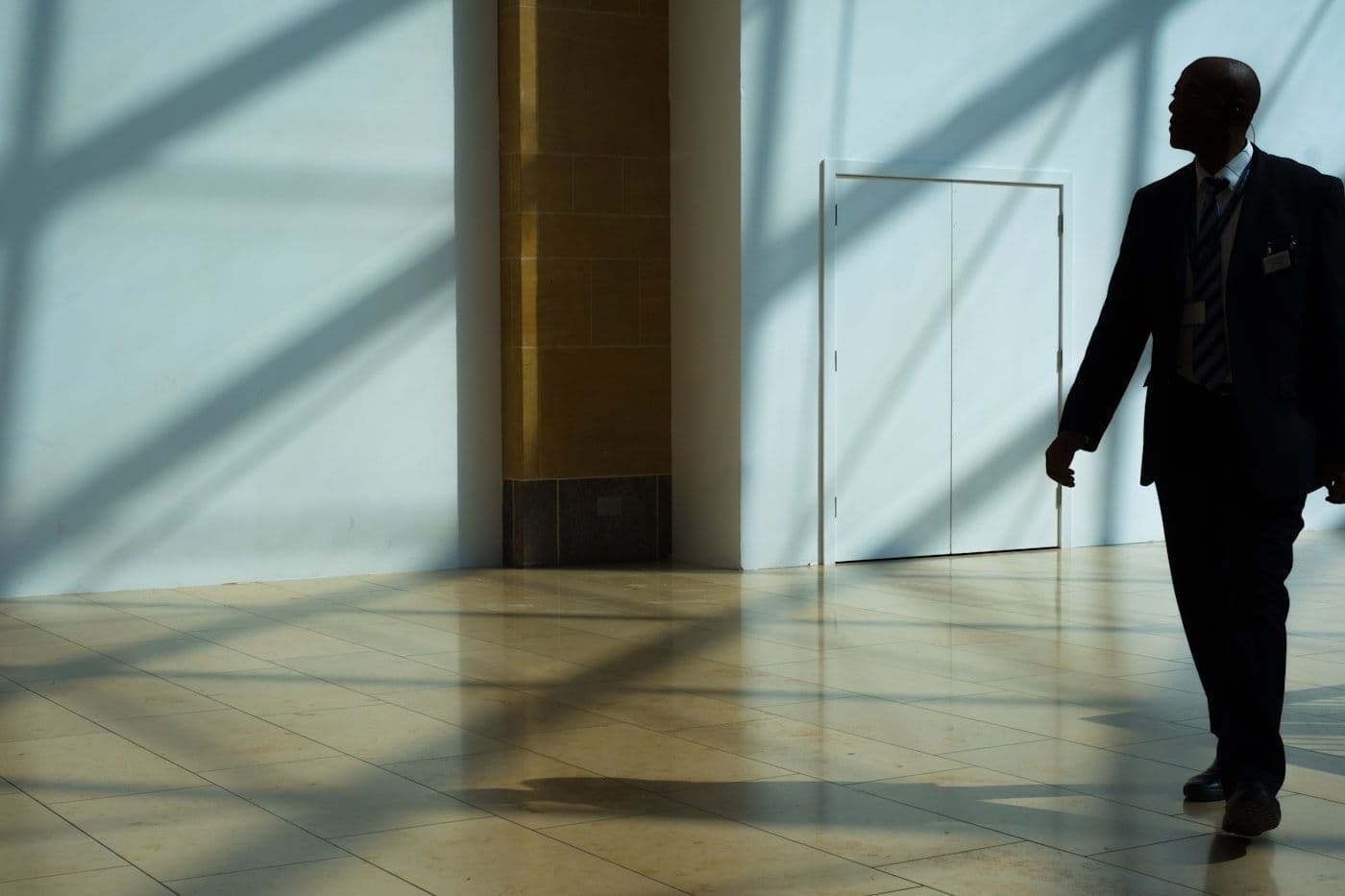 Security officer patrolling a commercial building